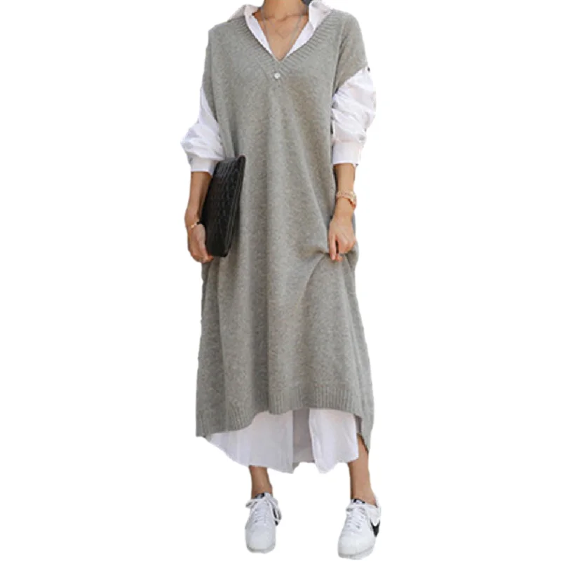 

New Autumn Sweater Women Dress Winter Sleeveless Sweaters Knitted Dresses Womens Loose Maxi Oversize Knitting Robe Vestido