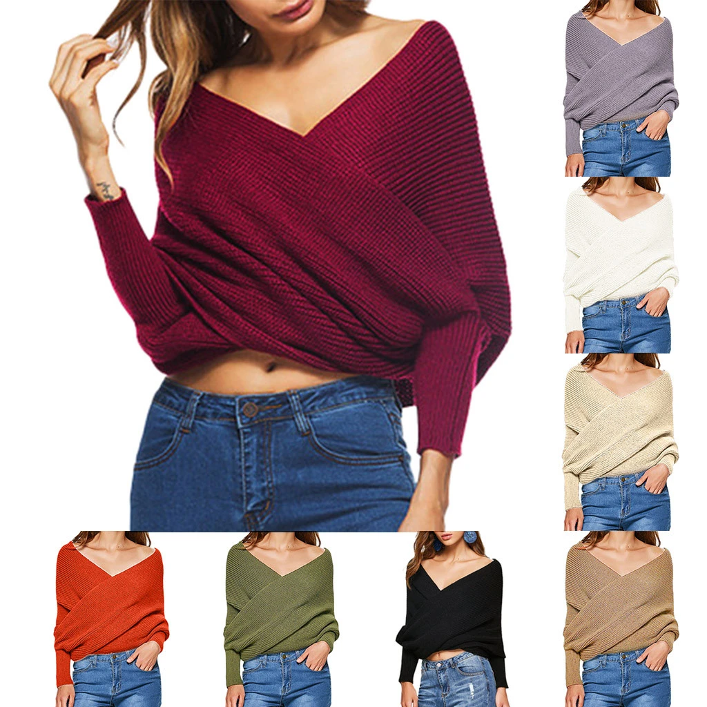 Женский свитер с открытыми плечами перекрещивающимся крест-накрест блузка