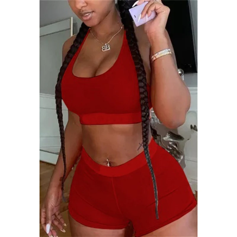 

Women Bikers Two Piece Set Casual Solid Strapless Tank Tops Shorts Pants Suit Joggers Sweatpants Tracksuit Matching Set Fitness