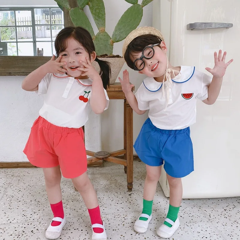 Летние Детские комплекты одежды с вышивкой фруктов футболка коротким рукавом и