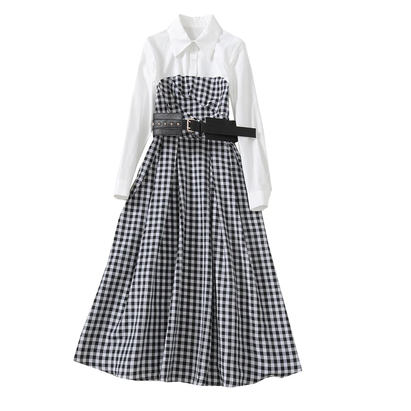 

JCHB 2021 early spring women's new fashion shirt collar long sleeve stitching black and white check show thin mid long vacation