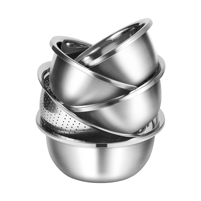 

COOKER KING 304 Stainless Steel 5pcs Mixing Bowls Set Drain Fruit Vegetable Washing Basket With Colander Kitchen Gadget Utensils