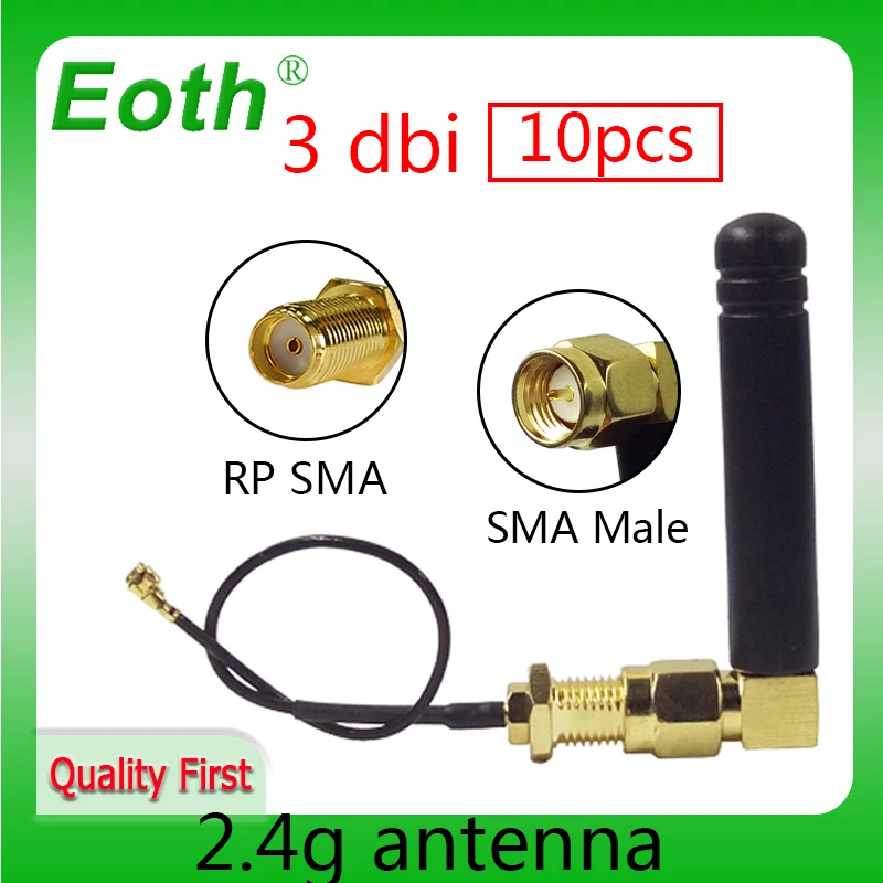 EOTH 10pcs 2.4g antenna 3dbi sma male wlan wifi 2.4ghz antene IPX ipex 1 SMA female pigtail Extension Cable iot module antena