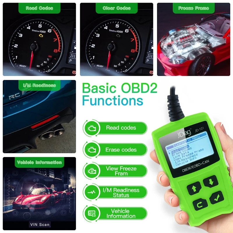 

P82B JD101 Vehicle Diagnostic Scanner OBD2 Code Reader Automotive Check Engine Light Error Analyzer with LCD Screen