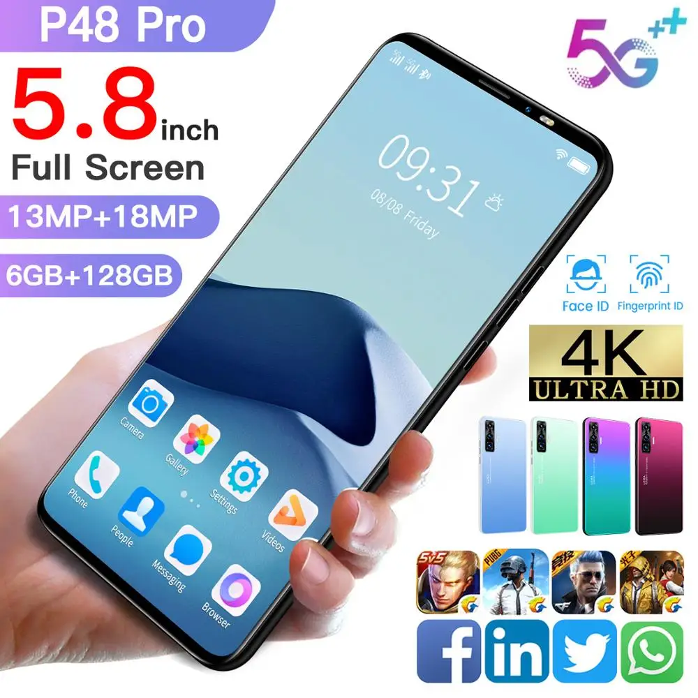 

GlobalVersion P48Pro 8 Core Cheap SmartPhones 5.8 Inch FullScreen 6+128GB Andriod Face Fingerprint ID 13+18MP HD Camera Dual SIM