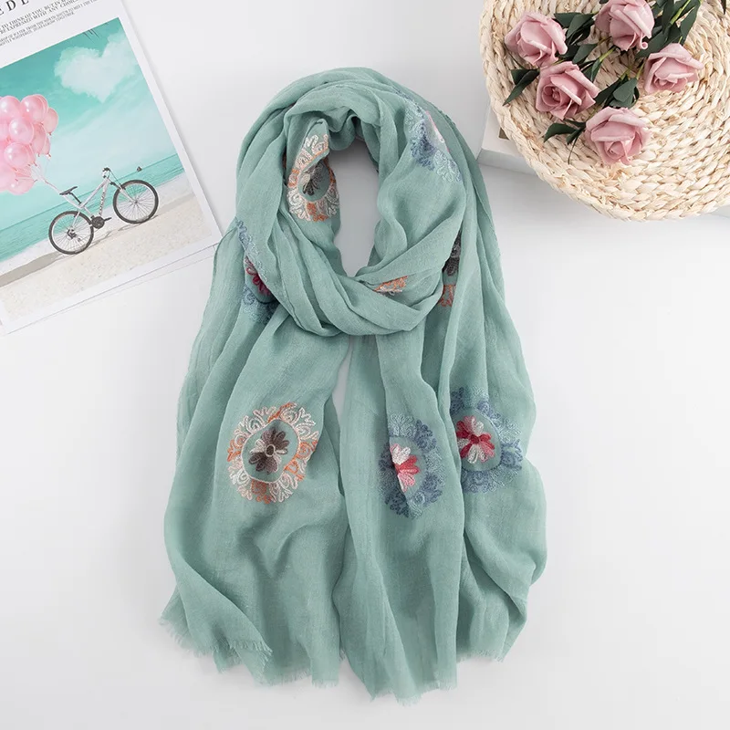Cotton Embroidery Women Spring Winter Scarf Lady Shawl Air Conditioning Towel Muslin Hijab |