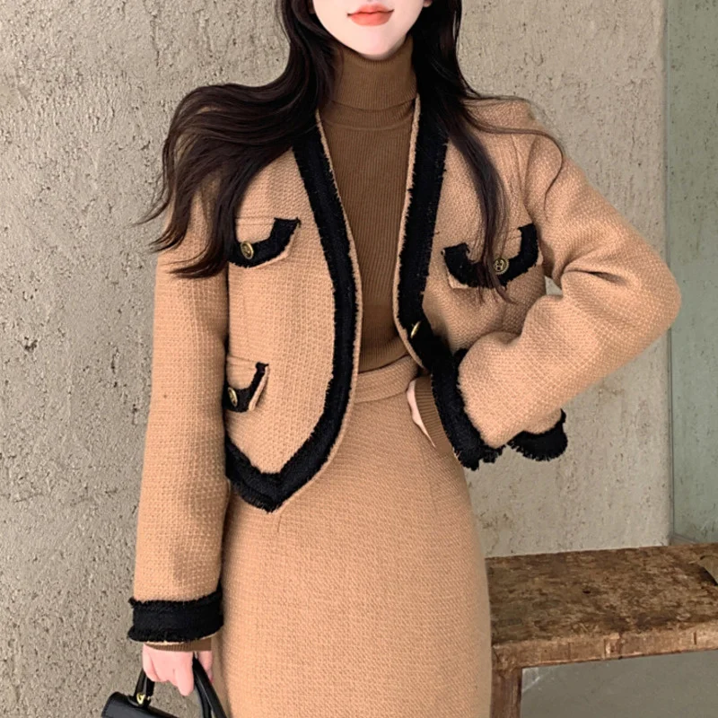 

Autumn Winter 2021 New Korean Two Piece Set Women Woolen Jacket Coat + Long Skirts Sets Tweed 2 Piece Sets Conjunto Femenino