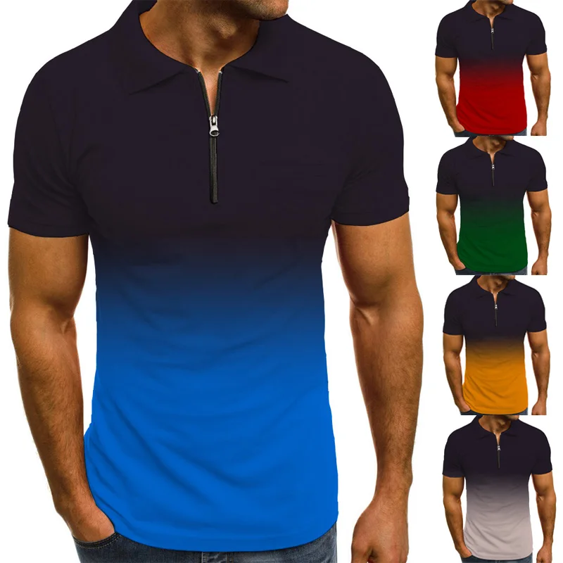 

Summer Mens New Designer Logo Brand Gradient Zipper Polo Shirts With Short Sleeve Turn Down Collar Casual Tops Fashions Men