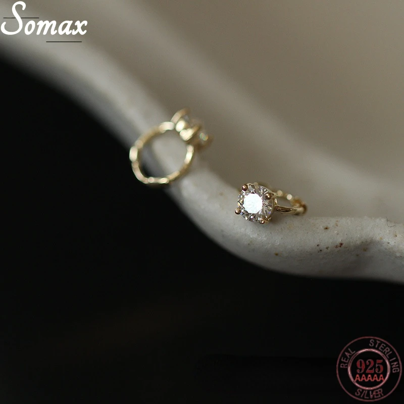 

925 Sterling Silver Plating 14K Gold French Classic Inlaid Zircon Simple Shiny Crystal Round Earrings Women Elegant Jewelry Gift
