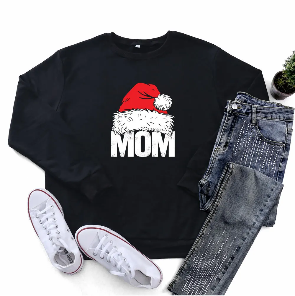 

Women Hoodie Christmas Hat Mom Printed Hoodies Women Fleece Long Sleeve O Neck Loose Sweatshirt Girls Pullovers Winter