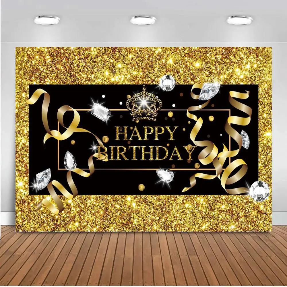 

Bling Bling Golden Board Crown Adult Birthday Backdrops Crystals Diamond Ribbons Celebration Event Party Decor Backgrounds Vinyl