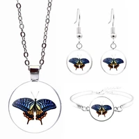 creative butterfly art photo jewelry set glass pendant necklace earring bracelet totally 4 pcs for womens fashion party gifts