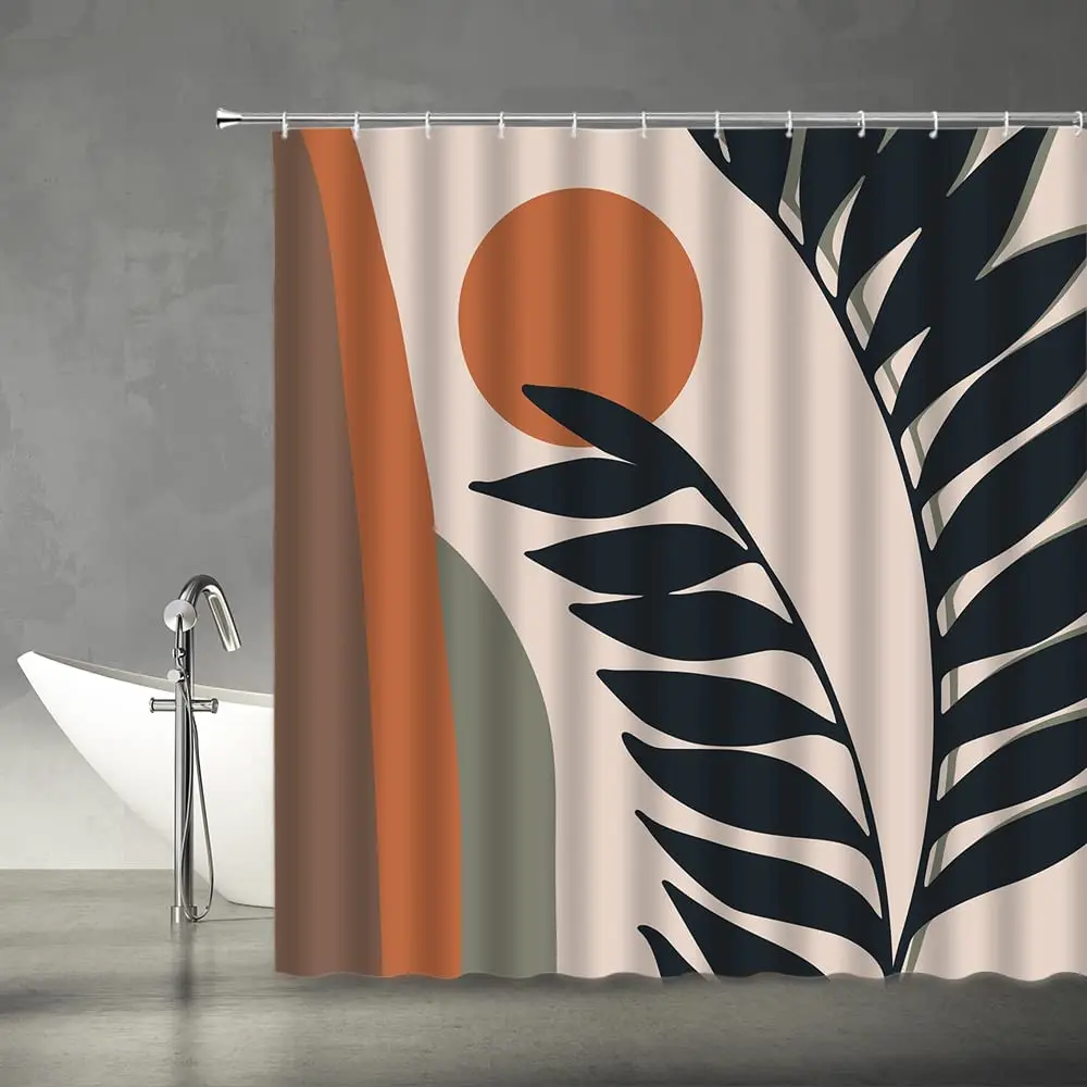 

Mid Century Shower Curtain Abstract Modern Minimalist Art Geometric Plant Curve Contemporary Shapes Boho Orange Bathroom Curtain