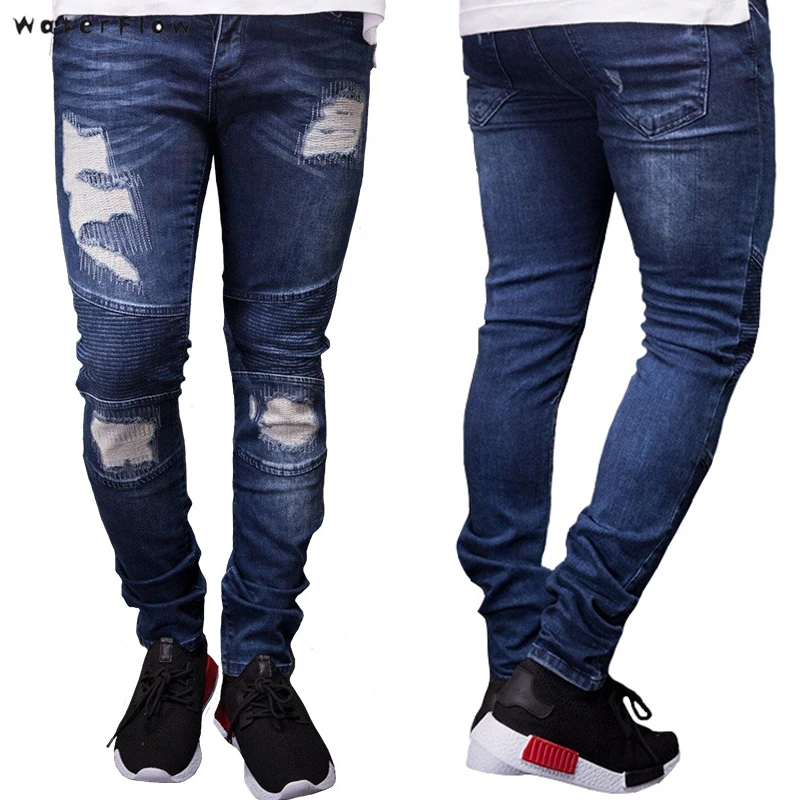 Однотонные мужские рваные джинсы с дырками байкерские Черные новые со складками