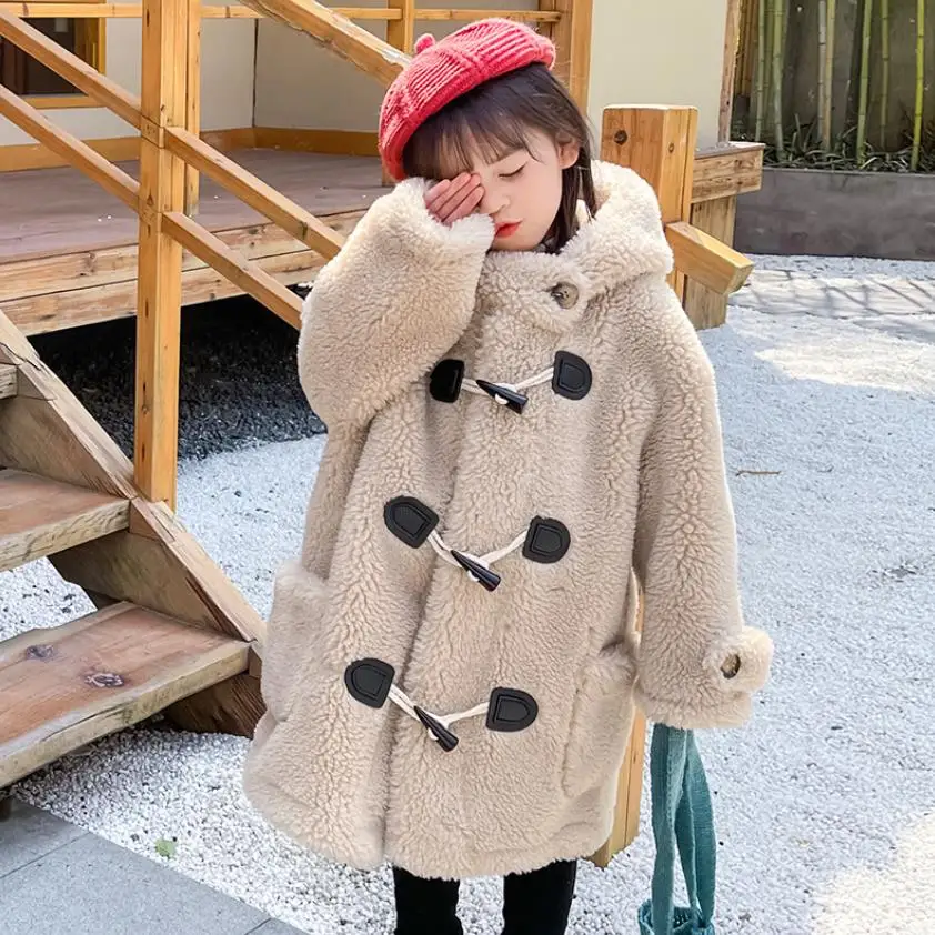 

Зимнее пальто из натурального меха, Повседневная плюшевая теплая куртка с капюшоном из овчины, детская одежда из 100% шерсти, верхняя одежда, ...