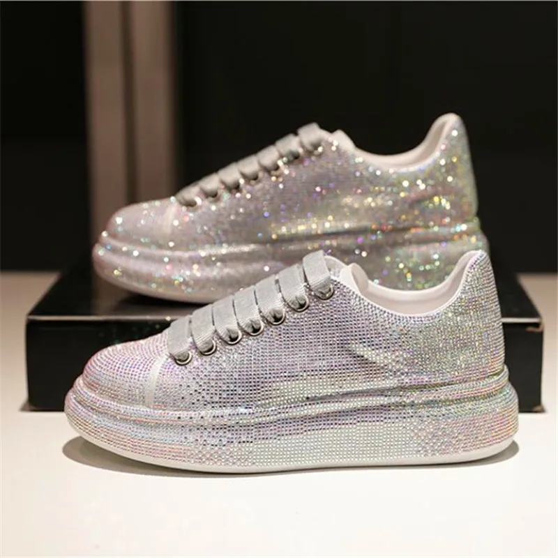 

Glittering Ladies Casual Shoes Spring and Autumn New Ladies Rhinestone Sports Casual Shoes Increased Thick Bottom White Shoes