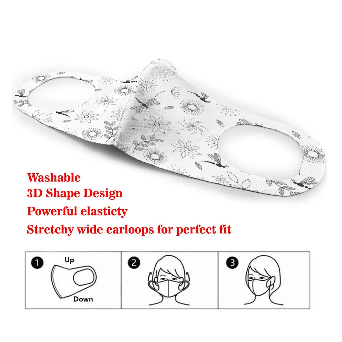 

Dragonfly Flying Among Flowers Washable elastic Earloop Face Breathing Mask Reusable Anti Dust Cotton Mouth For Adults