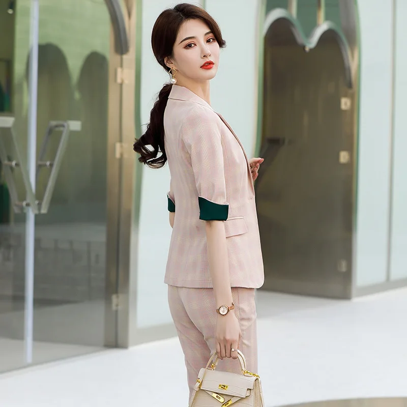 High Quality Fabric Elegant Plaid Formal Uniform Designs Pantsuits Women Business Work Wear Professional Blazers Trousers Sets | Женская