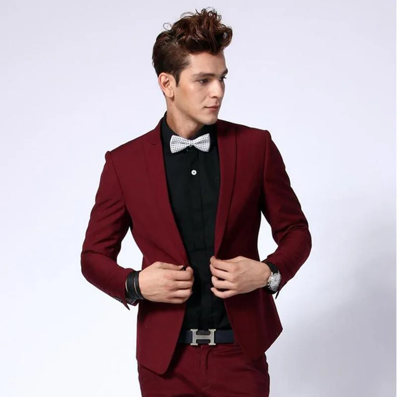 Новинка модный мужской повседневный бордовый свадебный смокинг - Цена: 