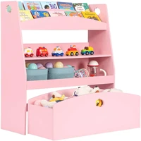 Kids Bookshelf&Toy Storage 4 Shelves&1 Large Rolling Bin w/Wheels Children's Toy&Book Organizer Cabinet Unit 3 Color[US-Depot]