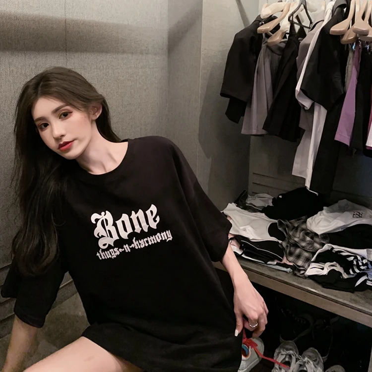 

Hong Kong Western Style Letter Print Loose Mid-Length Ins Short Sleeve T-shirt Women's Fashion