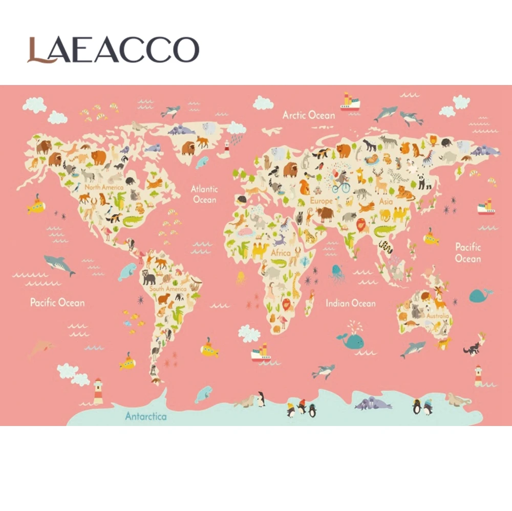 Laeacco Старая карта мира животные живущие дети учеба изучение шаблон фото фон