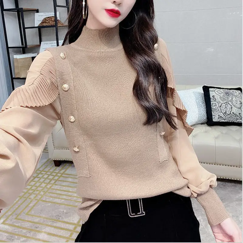 

Autumn and winter new style foreign style breasted knitted bottomcoat women's slim lotus sleeve turtleneck sweater