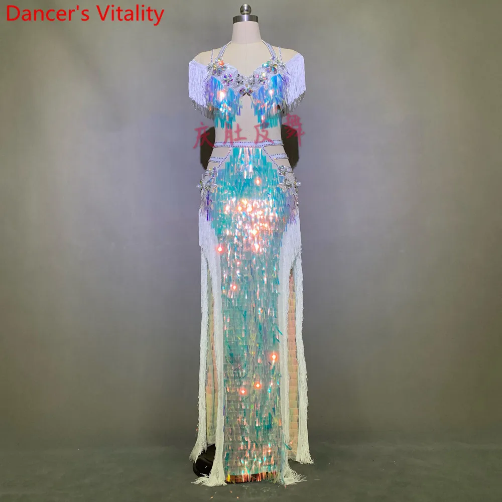 

Belly Dance Competition Outfits Customized Shiny Sequin Tassel Bra Long Skirt Set Oriental Indian Drum Dancing Performance Suit