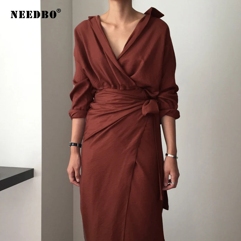 NEEDBO Summer Dresses Casual Long Sleeve Irregular Vestidos Femininos Retro Lady Dress High Waist Spring V-collar Dresses