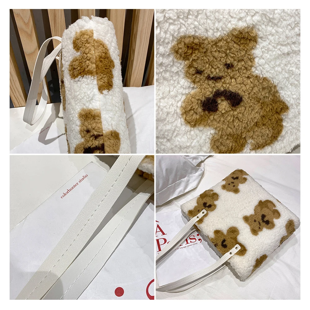 Plush Shoulder Bags For Women Simple Fashion Warm Fabric Large Capacity Shopping Bag Soft Canvas Tote Ladies Cute Bear Handbags