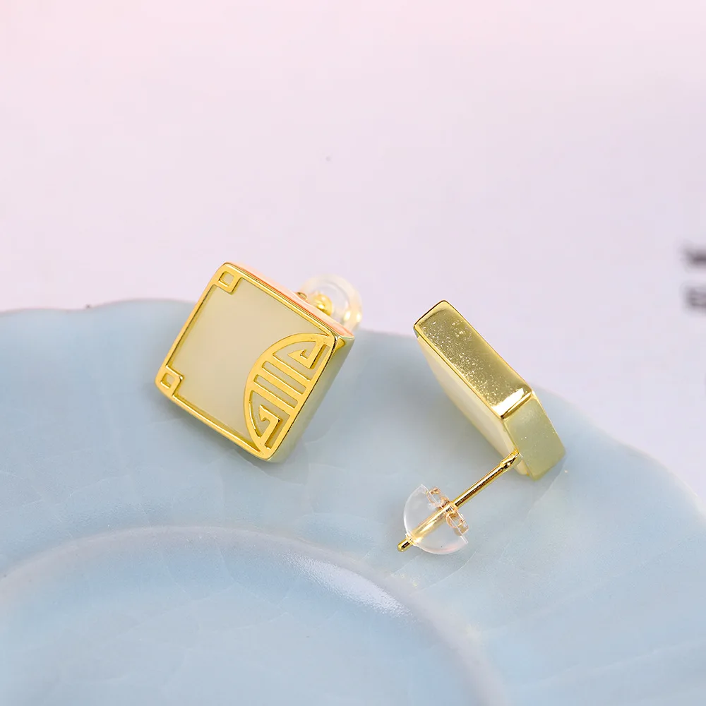 

Uglyless Natural Hotan Jade Square Studs Earrings for Women Character WAN Ethnic Brincos Bijoux Real 925 Silver Earrings Gold