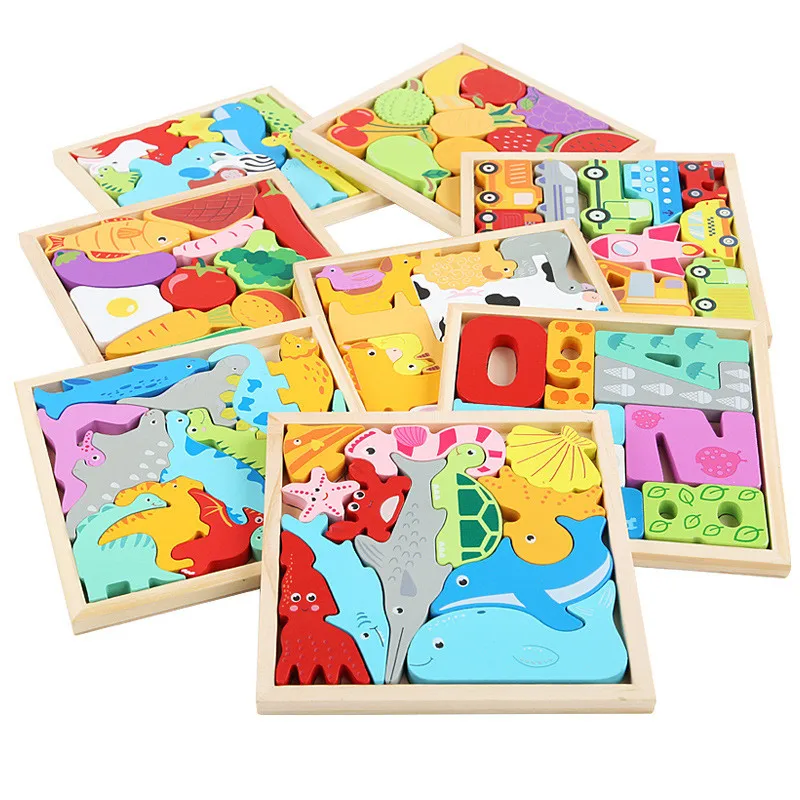 

Wooden Cartoon Animal 3D Jigsaw Puzzle Toys Fruit Dinosaur Hand Grasp Board Early Education Cognitive Puzzles Toy for Children