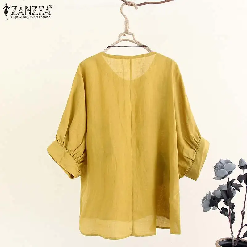 Blusas Top ZANZEA Женская Туника топы Осенние винтажные 3/4 рукав блузка для вечеринок повседневные вышитые Хлопковые женские рубашки свободного кроя