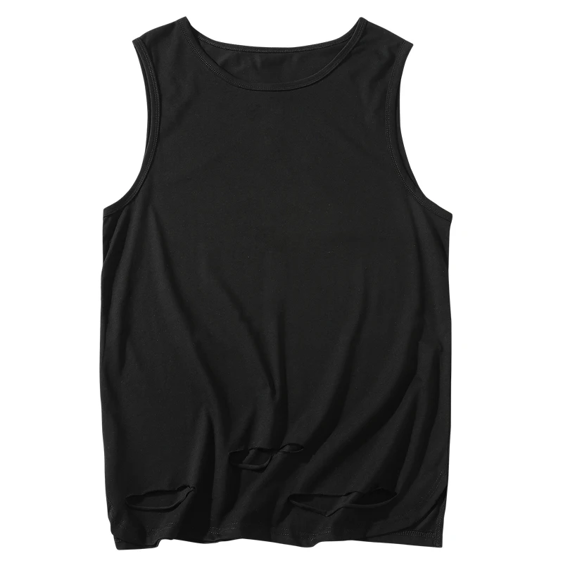 

KOLMAKOV Summer Pure Cotton Men's Vest Tatter Sleeveless T-shirt Wear Outside Fashion Sports Round Collar Loose Solid Color