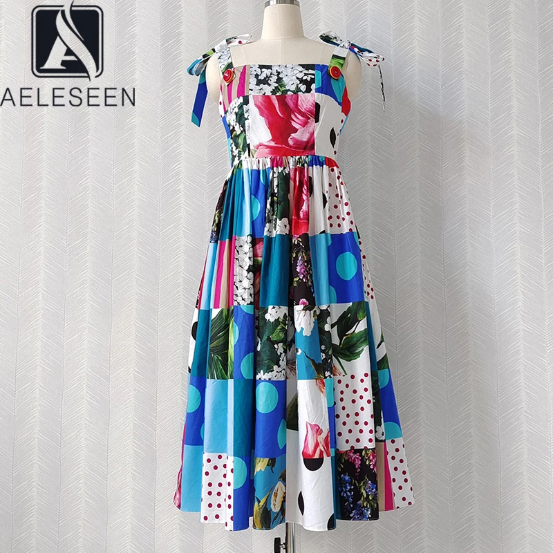 

AELESEEN Women's Spaghetti Strap Sicily Dress Summer 2021 Runway Fashion Bow Dots Porcelain Print Midi Beach Party Dress
