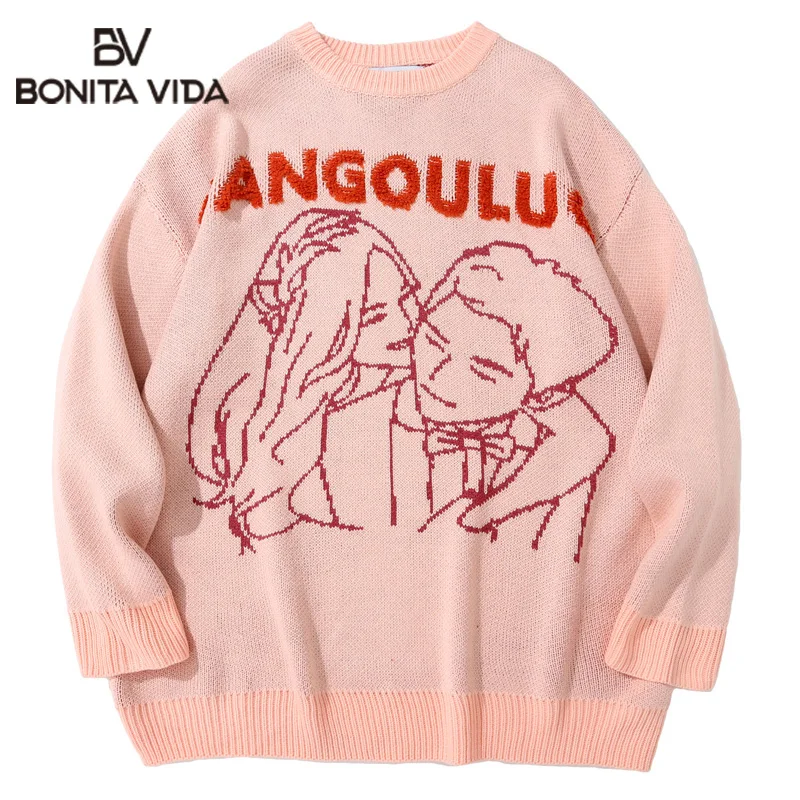 

Bonita Vida Sweaters Harajuku Embroidery Cartoon Girl Boy Knitted Jumpers Streetwear Hip Hop Casual Knitwear Loose Men Tops