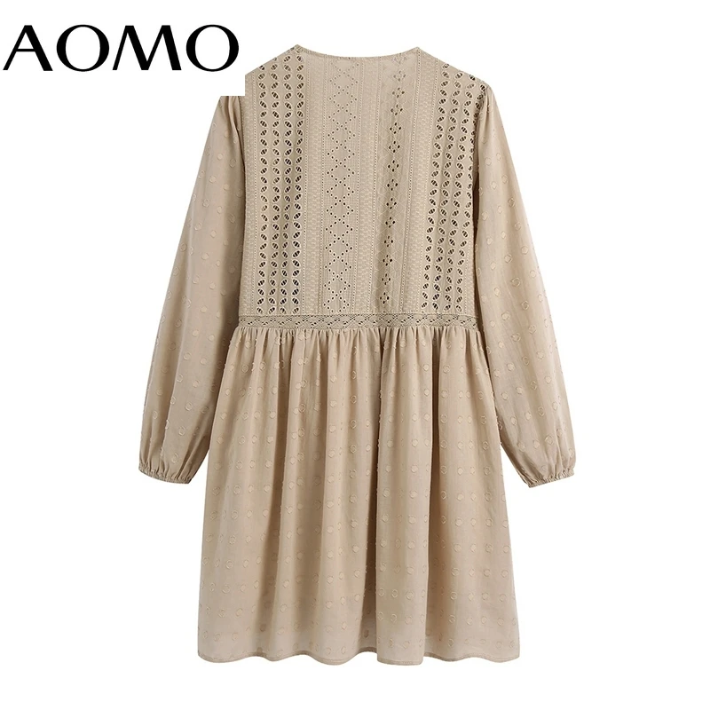 

AOMO Women Embroidery Romantic Dress V Neck Three Quarter Sleeve Back Button Females Mini Dresses Vestidos CE308A