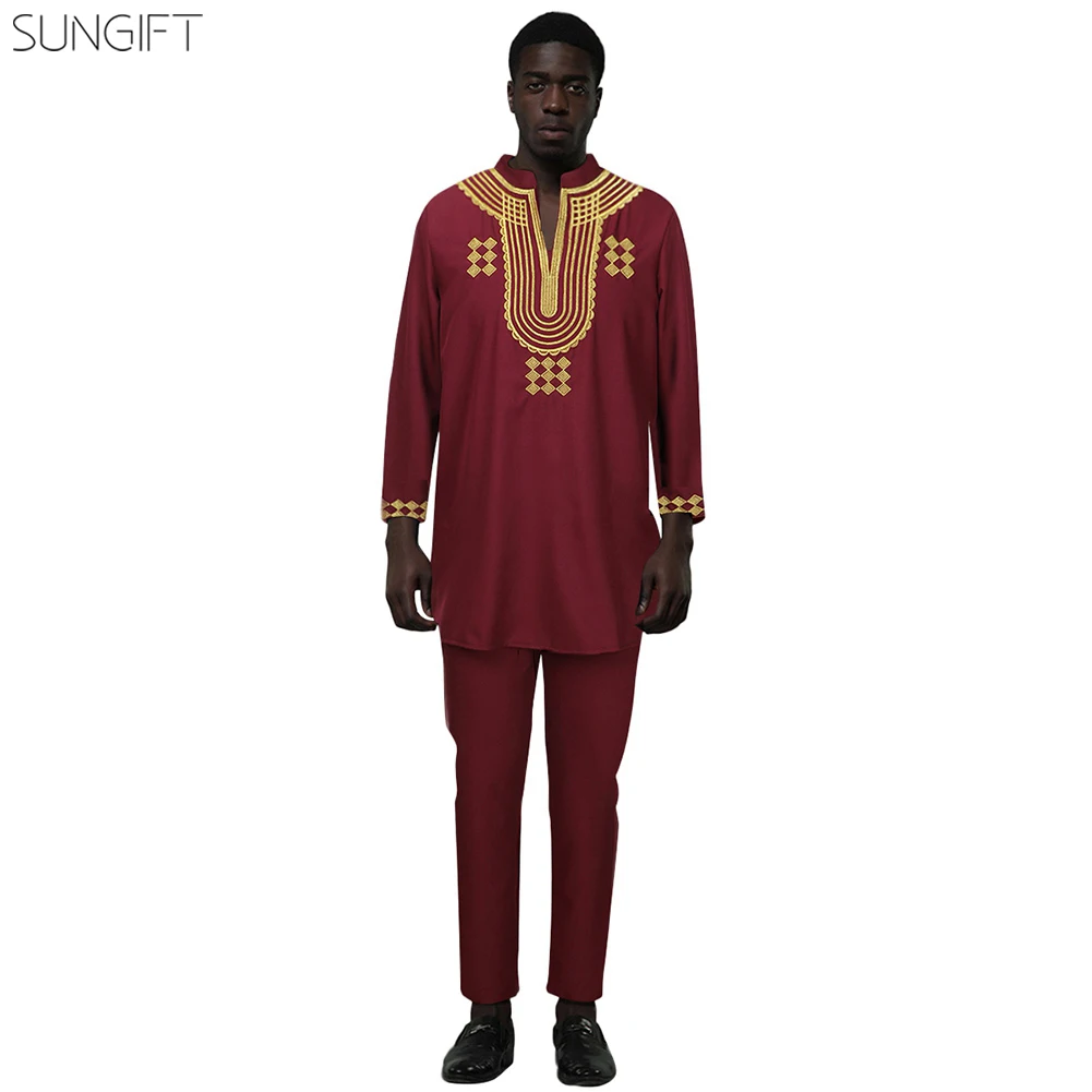 SUNGIFT 2019 африканская одежда для мужчин Дашики Золото Вышивка Базен Riche рубашка