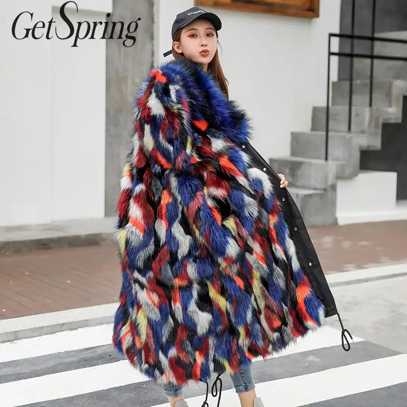 GETSPRING/женские шубы в стиле пэчворк; женская зимняя куртка; теплая парка; коллекция года; модные зимние пальто из искусственного меха в винтажном стиле