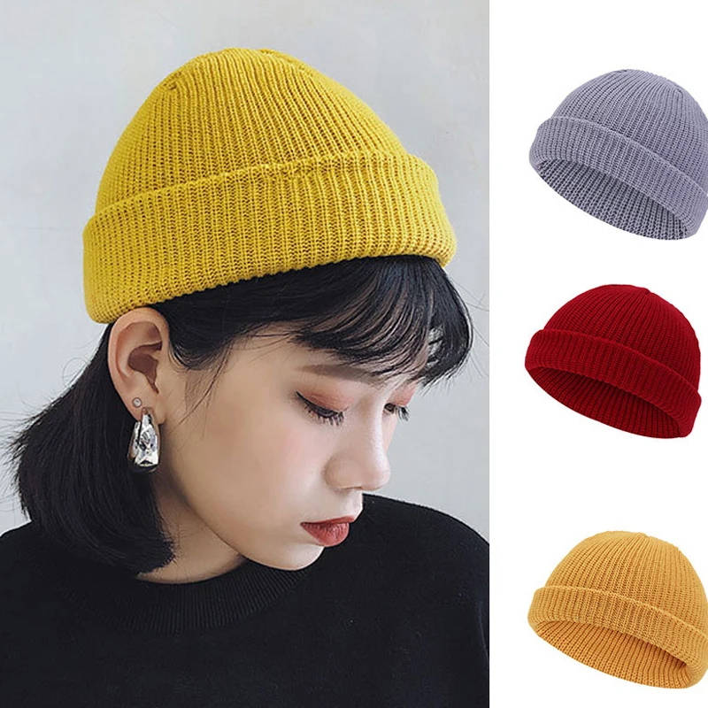 

New Knitted Cuff Beanie hat for women Brimless Autumn Solid Fisherman Girls Skull Hats Docker Warm Fisherman vintage knitted hat