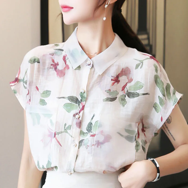 2021 Summer Fashion Women Chiffon Blouses Short Sleeve Turn-down Collar Clothing Casual Floral Tops 5101 50 | Женская одежда