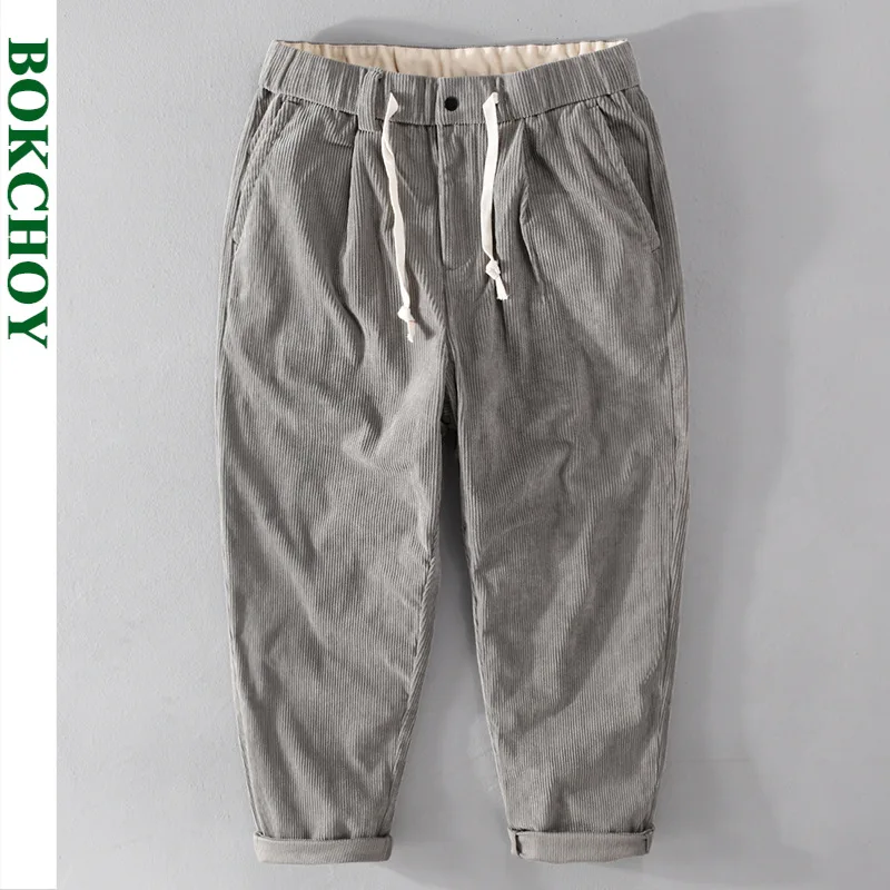 Pantalones holgados de pana para hombre, ropa de trabajo informal de pierna ancha, recortada, color gris, otoño e invierno, 2021