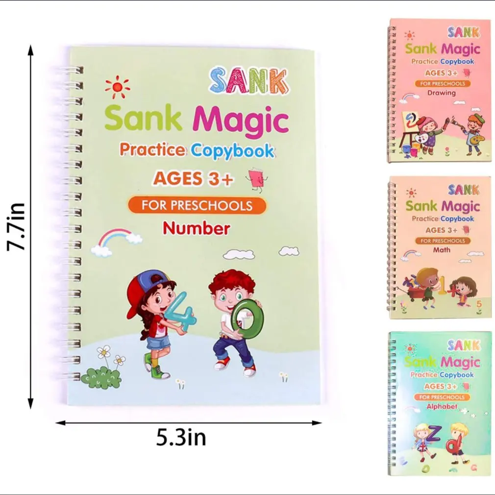 

4 Books + Pen Magic Practice Copybook Free Wiping Children's Copybook Magic Magic Writing Sticker English Version
