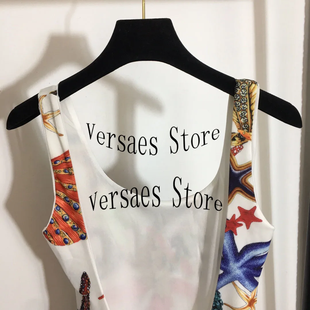 

luxury high quality starfish shell printing fashion women's one piece sexy off shoulder slim vest bikini leisure beach swimsuit