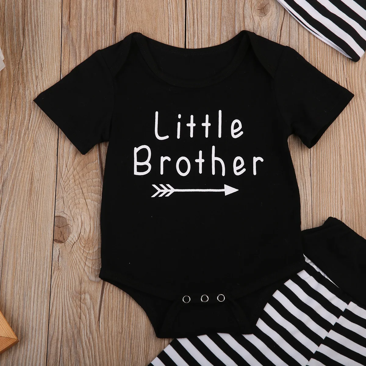 Brand New Little Brother Newborn Toddler Baby Boy Black Stripe Short Sleeve Romper+Long Leggings Hat Outfits Set |