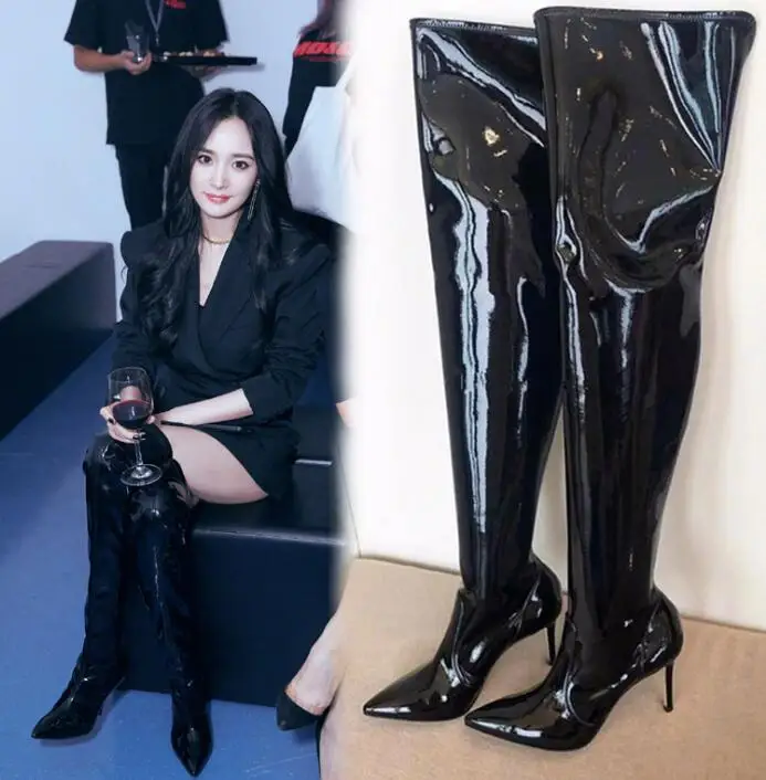 

BONJEAN Sexy Pointed Toe Over the Knee Woman Boots Black Patent leather Thigh High Boots Thin Heels Long Boots