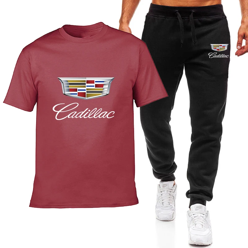 

Spring and summer tide brand CADILLAS car logo two-piece men's printed short-sleeved shirt + trousers jogging sportswear suit