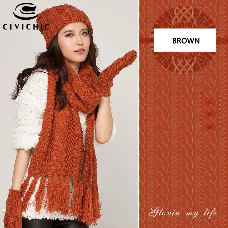 Brown Шикарный женский вязаный шарф, шапка, перчатки из флиса и бархата, комплект из 3 предметов, осенний зимний головной убор, теплый помпон Skullies Beanies, грелка для шеи SH120 - Цвет: Brown