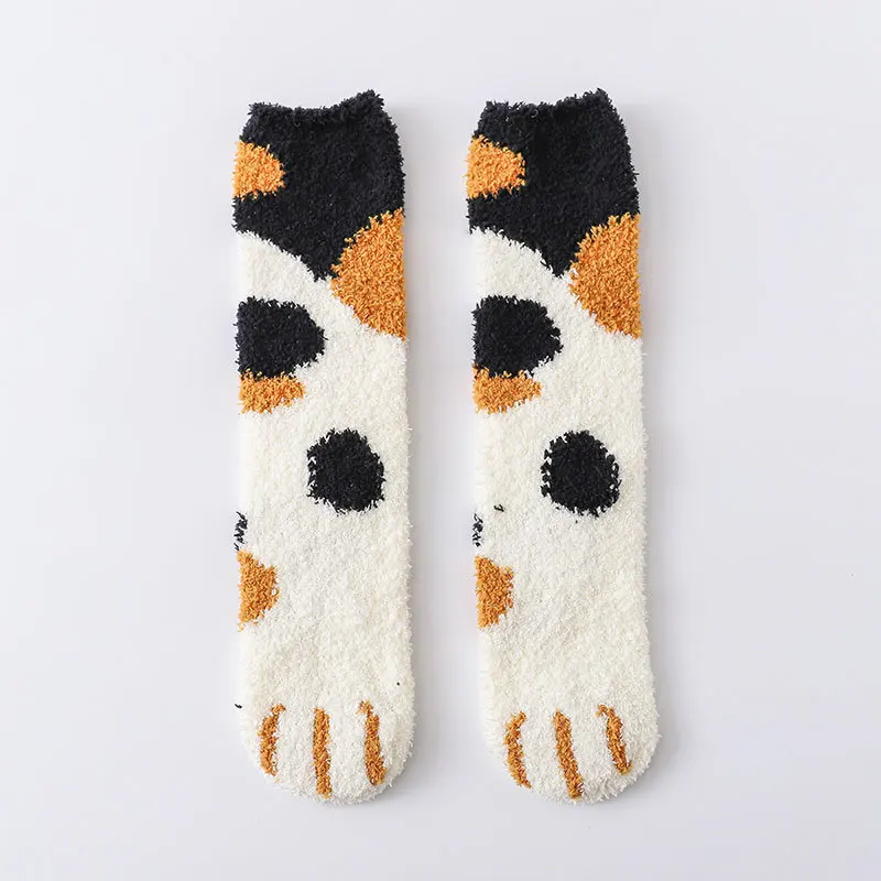 

A Set Of 6 Pairs Of Optional Winter Warm Sleep Socks Thickened Cat Paw Print Coral Fleece Socks Female Towel Floor Socks