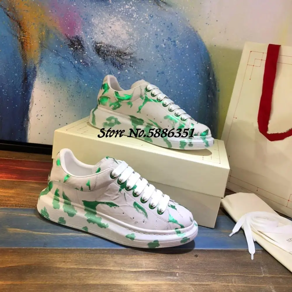 Кроссовки женские и мужские кожаные повседневные беговые туфли на толстой